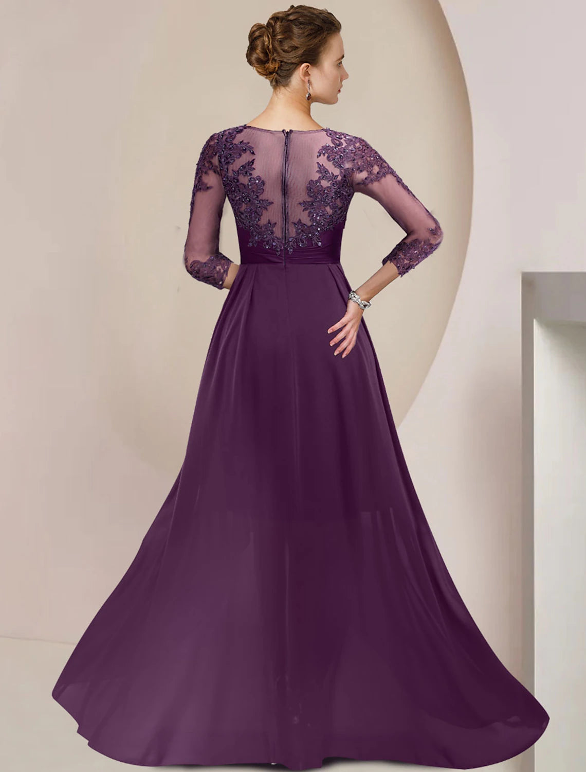 Sheath / Column Mother of the Bride Dress Elegant Scoop Neck Knee Length Chiffon Lace 3/4 Length Sleeve with Beading Sequin Appliques 2023